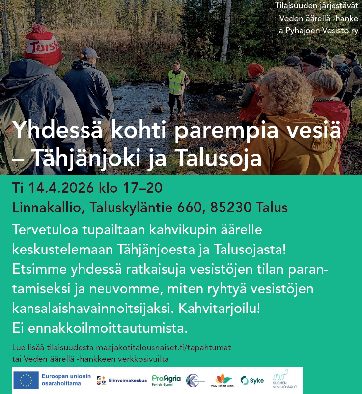Tähjänjoen ja Talusojan vesienhoidon tupailta - mainos tapahtumasta 